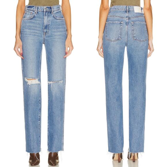 GRLFRND The Sara Distressed Straight Jeans Women’s Size 24 Rambla Blue - Picture 1 of 10